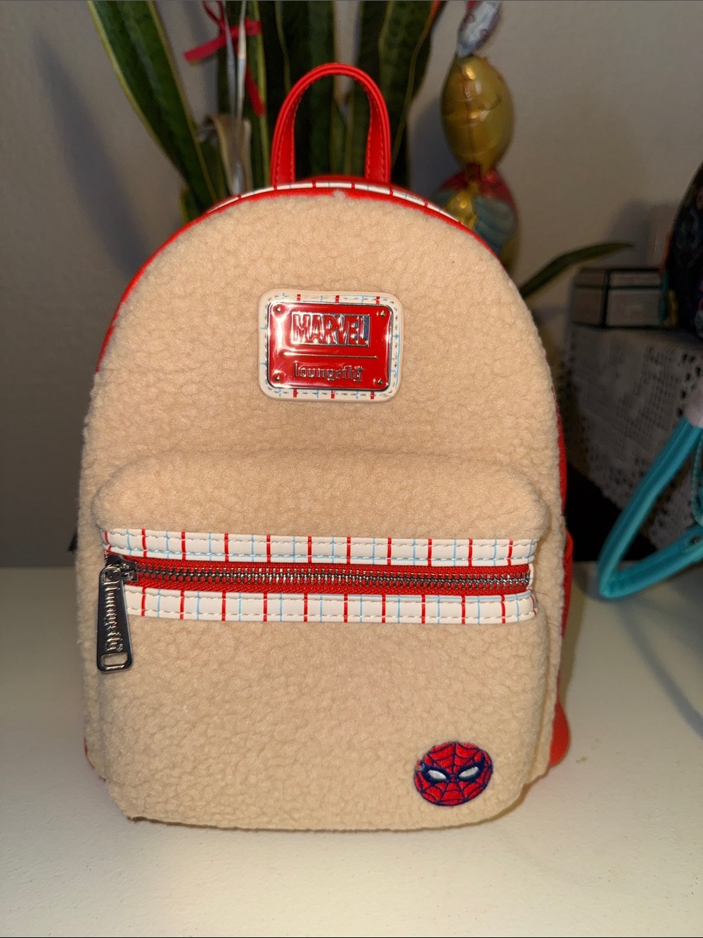 Marvel Kids Beige Sherpa Backpack with Red Trim